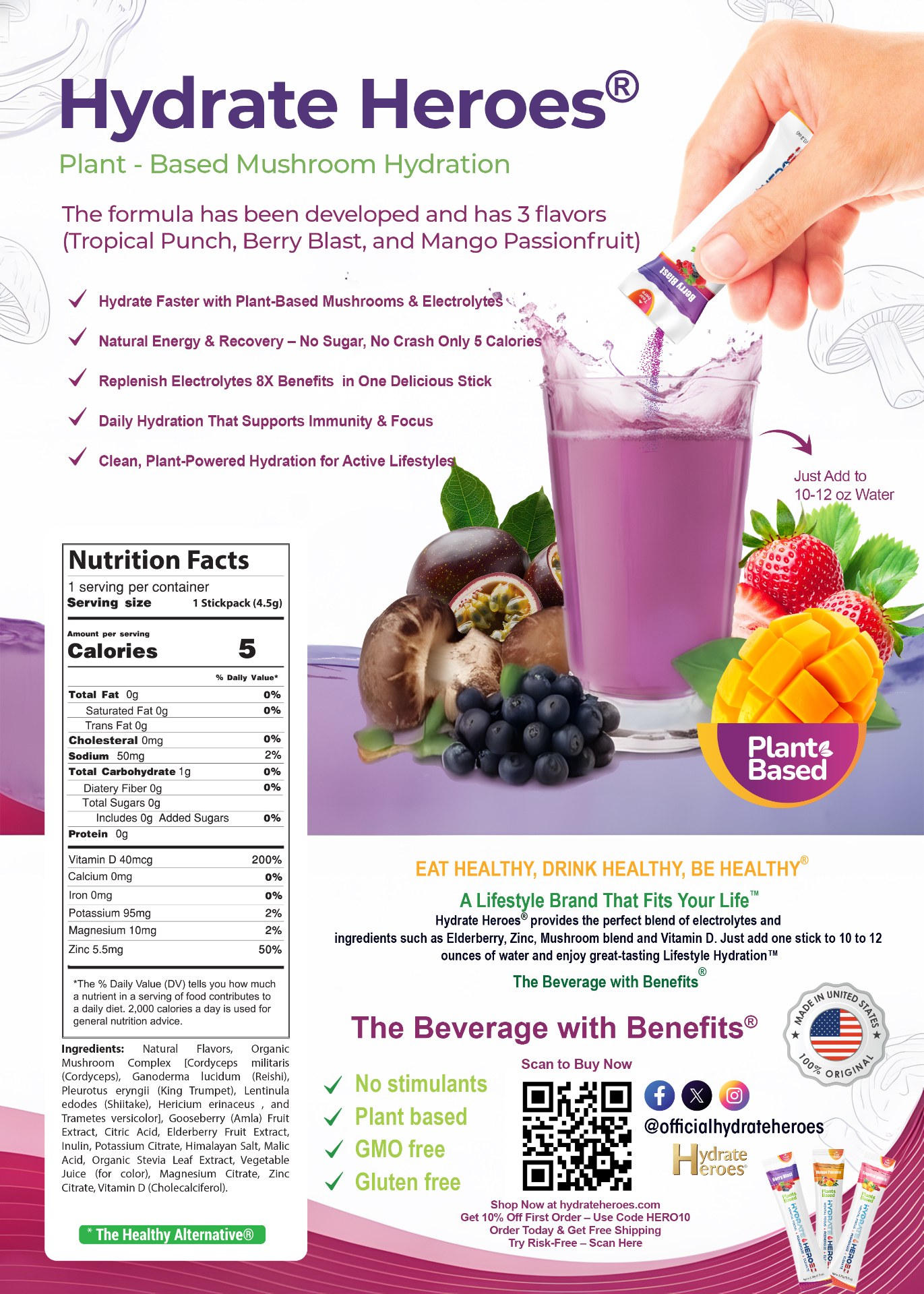 Hydrate Heroes® plant-based mushroom hydration — ingredients, nutrition facts, and benefits