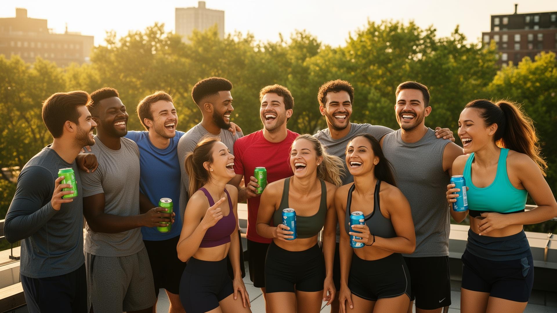 A diverse group of active men and women enjoying an outdoor workout together, representing the Thin Energy® healthy lifestyle community