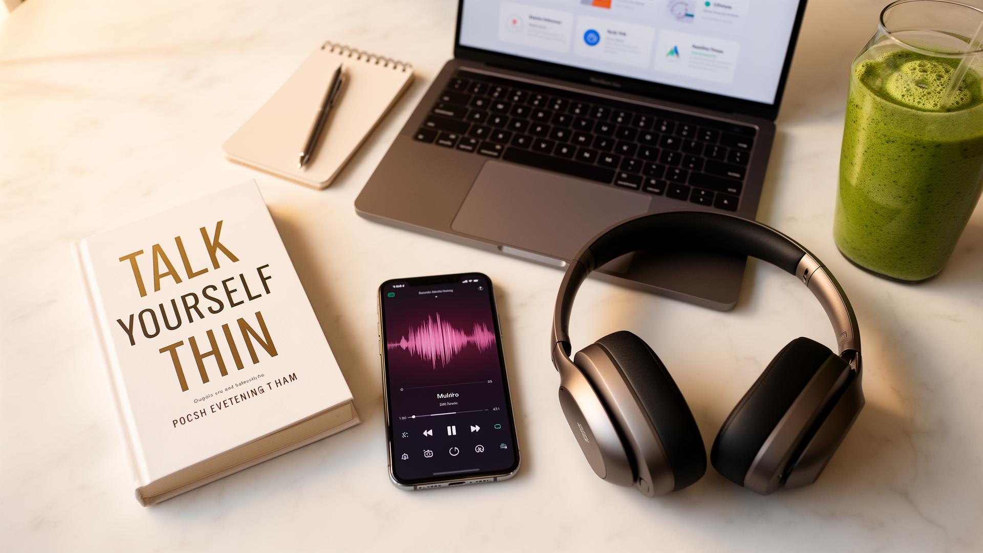 Talk Yourself Thin book with modern audio program on phone and headphones